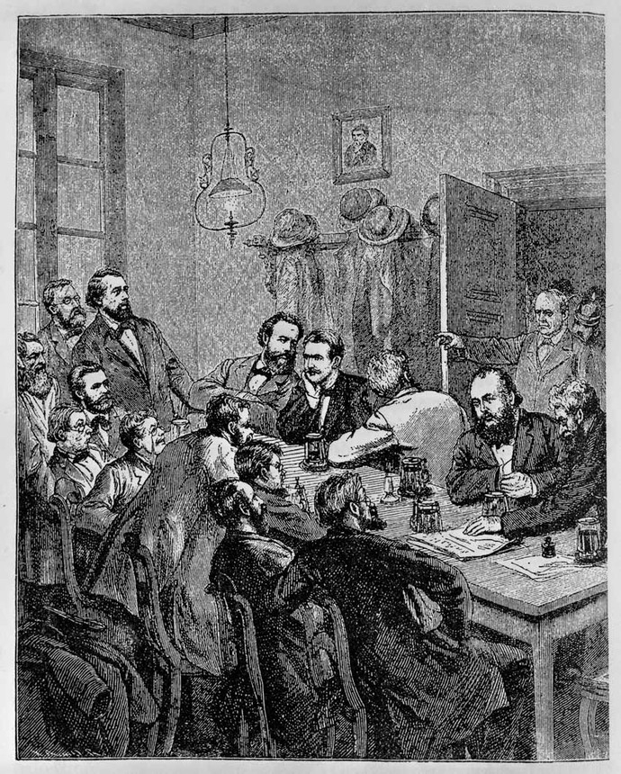 Bildinformation: Polizeiliche Auflösung einer Sitzung unter dem Sozialistengesetz, um 1890, Holzstich, bpk