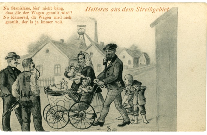 Spott-Postkarte mit klischeehafter Darstellung eines aus den preußischen Ostprovinzen ins Ruhrgebiet eingewanderten „Ruhrpolens“. Der Bergarbeiter ist