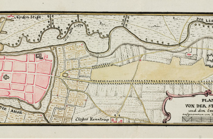 Der Plan zeigt die Stadt Hamm im Jahr  1776. Zu sehen ist die von Generalleutnant Wolfersdorff angelegte Lindenallee zum Exerzierplatz.