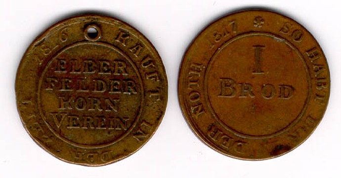 Bildinformation: Geldersatzmünze 1 Brot, Elberfeld, 1817, Kupfer, Deutsches Historisches Museum, Berlin