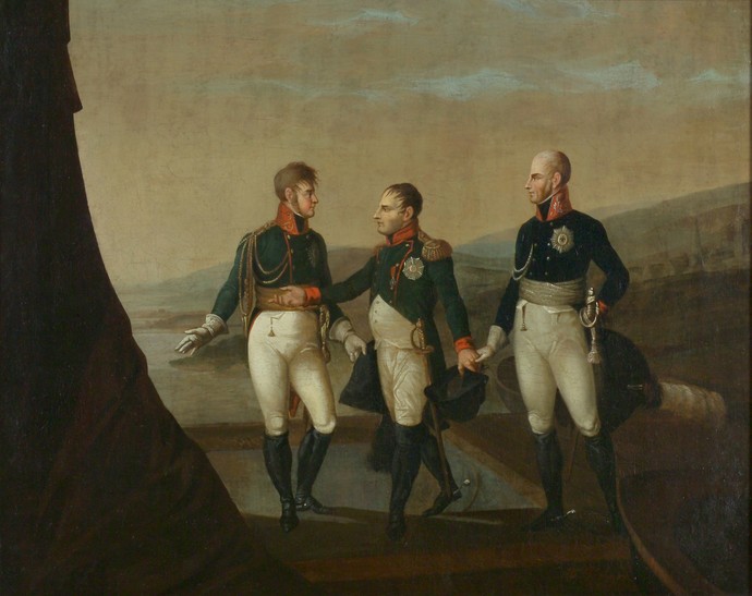 Bildinformation: Die Ankunft Friedrich Wilhelms III. am 26. Juni 1807 auf dem Memel-Floß, wo das Monarchentreffen stattfand.