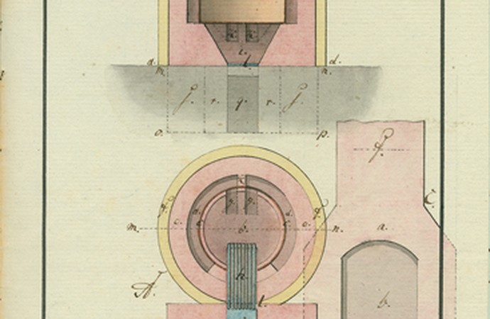 Das Bild zeigt die Zeichnung eines Kessels zum Branntweinbrennen bei  Feuerung mit Steinkohlen, 1815
