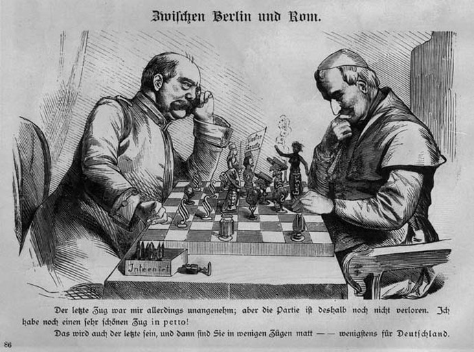 Bildinformation: Zwischen Berlin und Rom-Bismarck und Papst Pius IX. beim Schachspiel, Karikatur aus „Kladderadatsch“, 1875, bpk