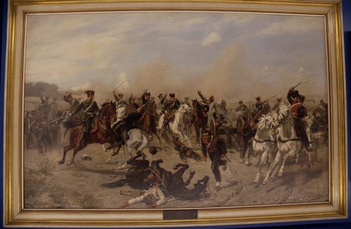 Das Gemälde zeigt die 1. Eskadron des  2. Westfälischen Husaren-Regiments 11 bei der Schlacht bei Mars la Tour am 16. August 1870 gegen französische G
