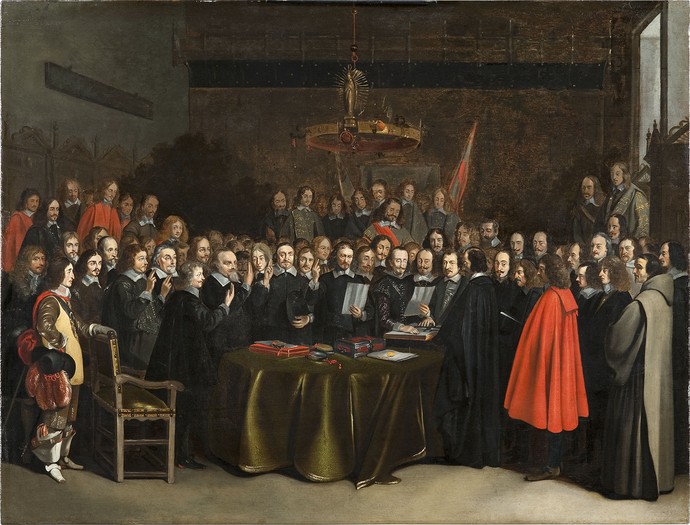 "Beschwörung des Spanisch-Niederländischen Friedens im Rathaus zu Münster" von Gerard ter Borch, 1648, Öl auf Holz, National Gallery London