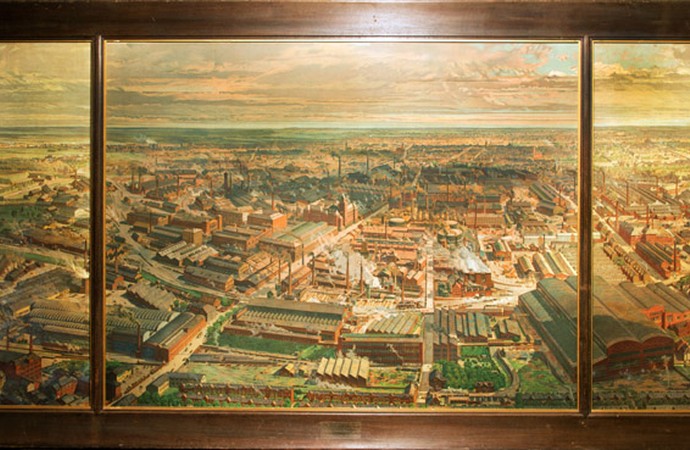Die farbige Lithographie von 1911/12 zeigt die Gussstahlfabrik Fried. Krupp in Essen aus der Vogelperspektive mit der Stadt Essen im Hintergrund und v